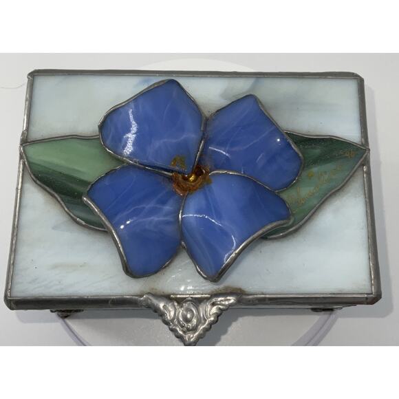 STAINED GLASS JEWELRY/TRINKET BOX BLUE/GREEN - Picture 1 of 10